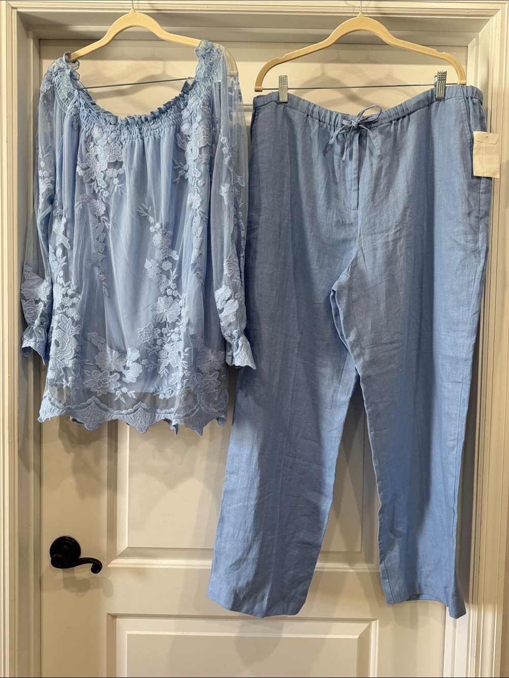 Women’s Light Blue Lace and Linen Pant Set